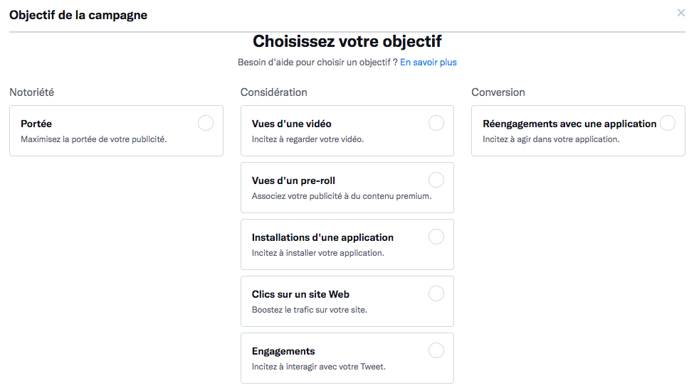 Choisissez votre objectif publicitaire sur twitter